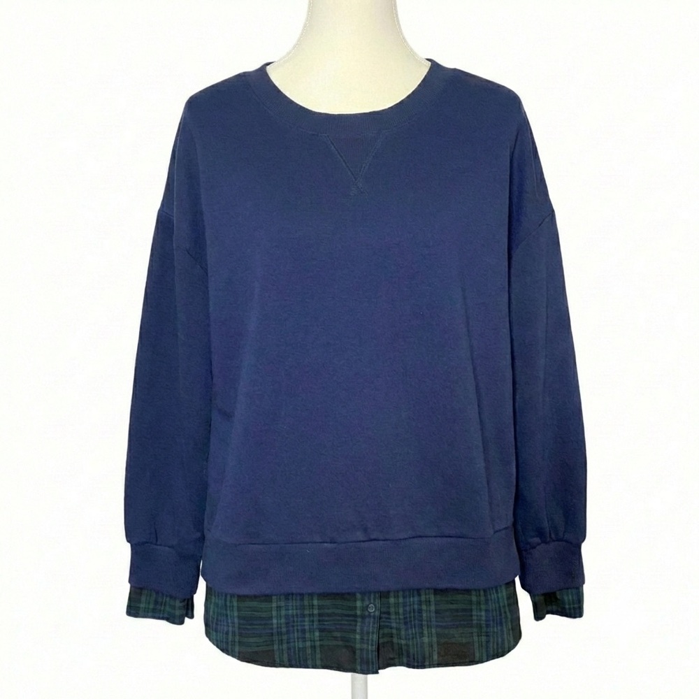 Free Assembly 2-in-1 Layered Crewneck Sweatshirt Navy Green Plaid XL